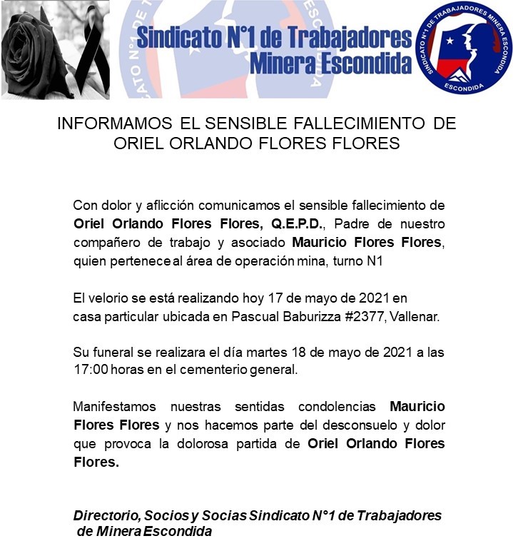 INFORMAMOS EL SENSIBLE FALLECIMIENTO DE ORIEL ORLANDO FLORES FLORES –  Sindicato N°1 de Trabajadores Minera Escondida Ltda.